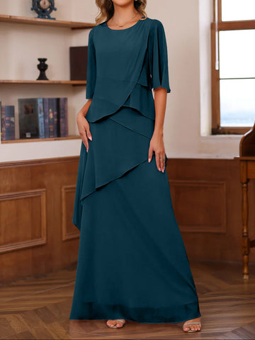 A-Line/Princess Scoop Neck Half Sleeves Floor-Length Mother of the Bride Dresses with Ruffles