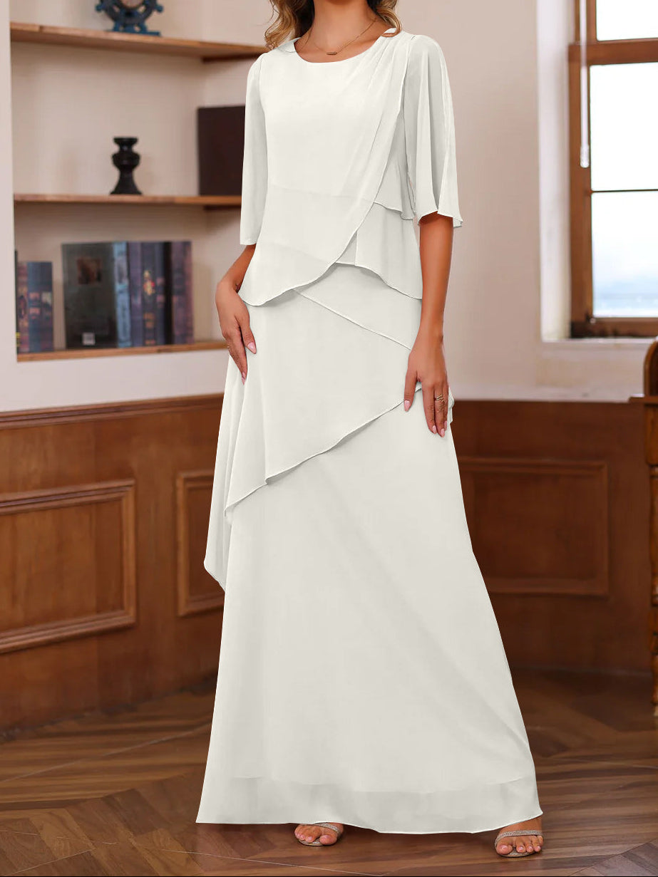 A-Line/Princess Scoop Neck Half Sleeves Floor-Length Mother of the Bride Dresses with Ruffles