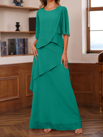 A-Line/Princess Scoop Neck Half Sleeves Floor-Length Mother of the Bride Dresses with Ruffles