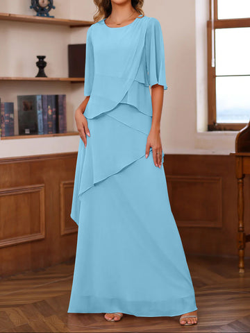 A-Line/Princess Scoop Neck Half Sleeves Floor-Length Mother of the Bride Dresses with Ruffles