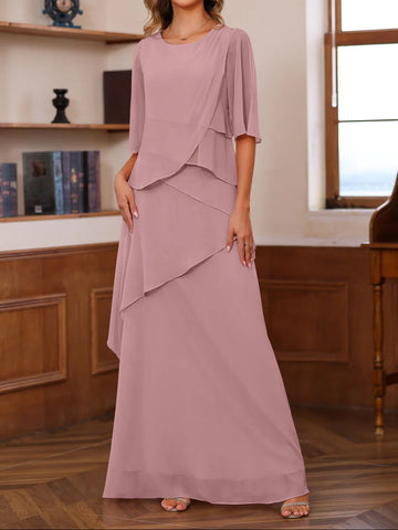A-Line/Princess Scoop Neck Half Sleeves Floor-Length Mother of the Bride Dresses with Ruffles