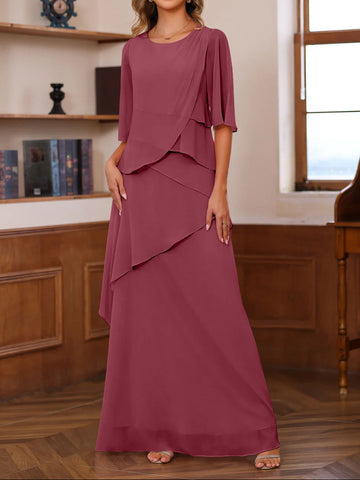 A-Line/Princess Scoop Neck Half Sleeves Floor-Length Mother of the Bride Dresses with Ruffles