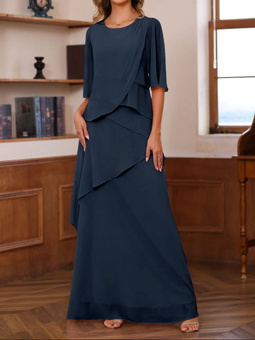 A-Line/Princess Scoop Neck Half Sleeves Floor-Length Mother of the Bride Dresses with Ruffles