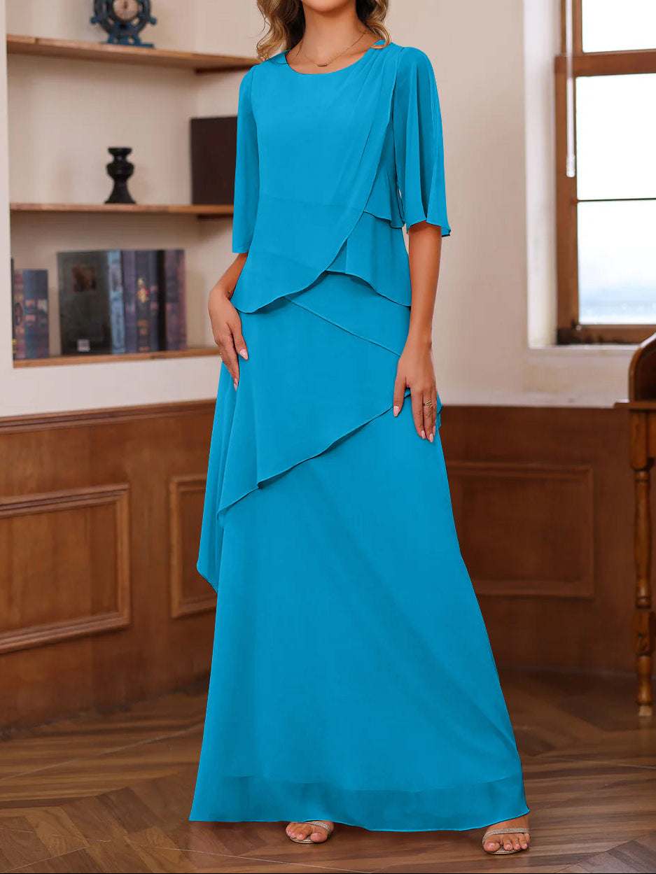 A-Line/Princess Scoop Neck Half Sleeves Floor-Length Mother of the Bride Dresses with Ruffles