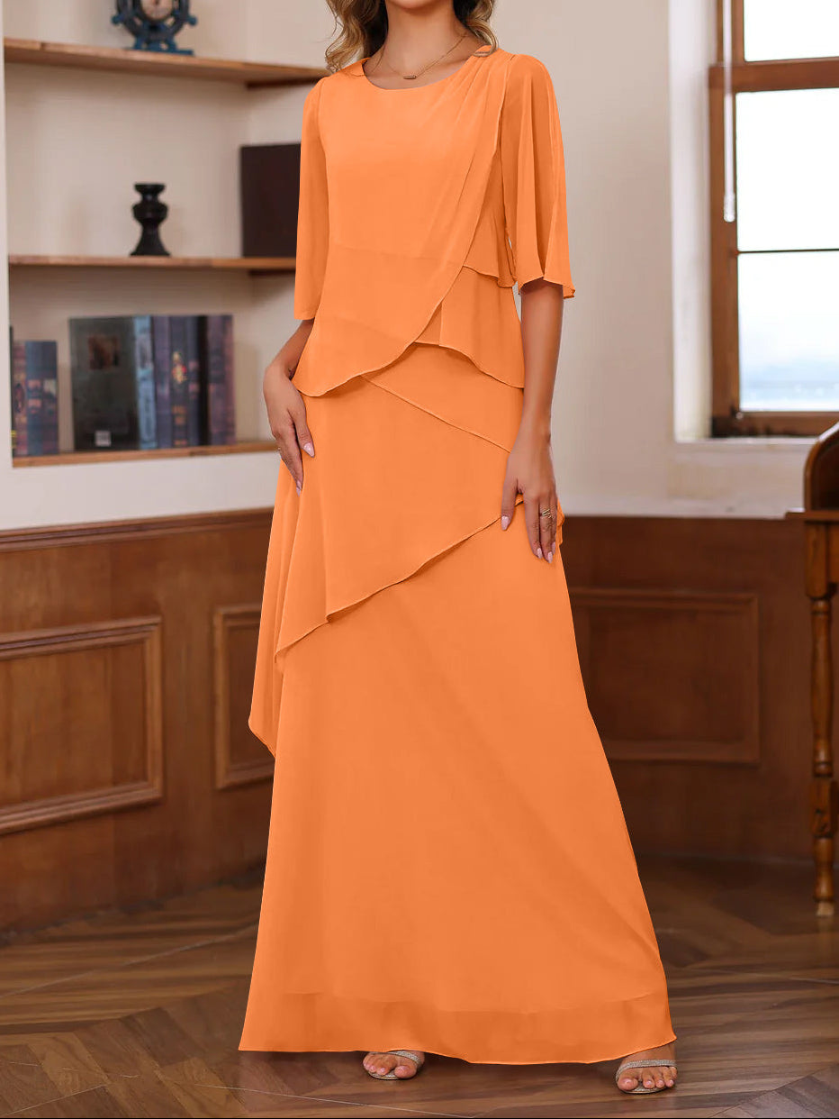 A-Line/Princess Scoop Neck Half Sleeves Floor-Length Mother of the Bride Dresses with Ruffles