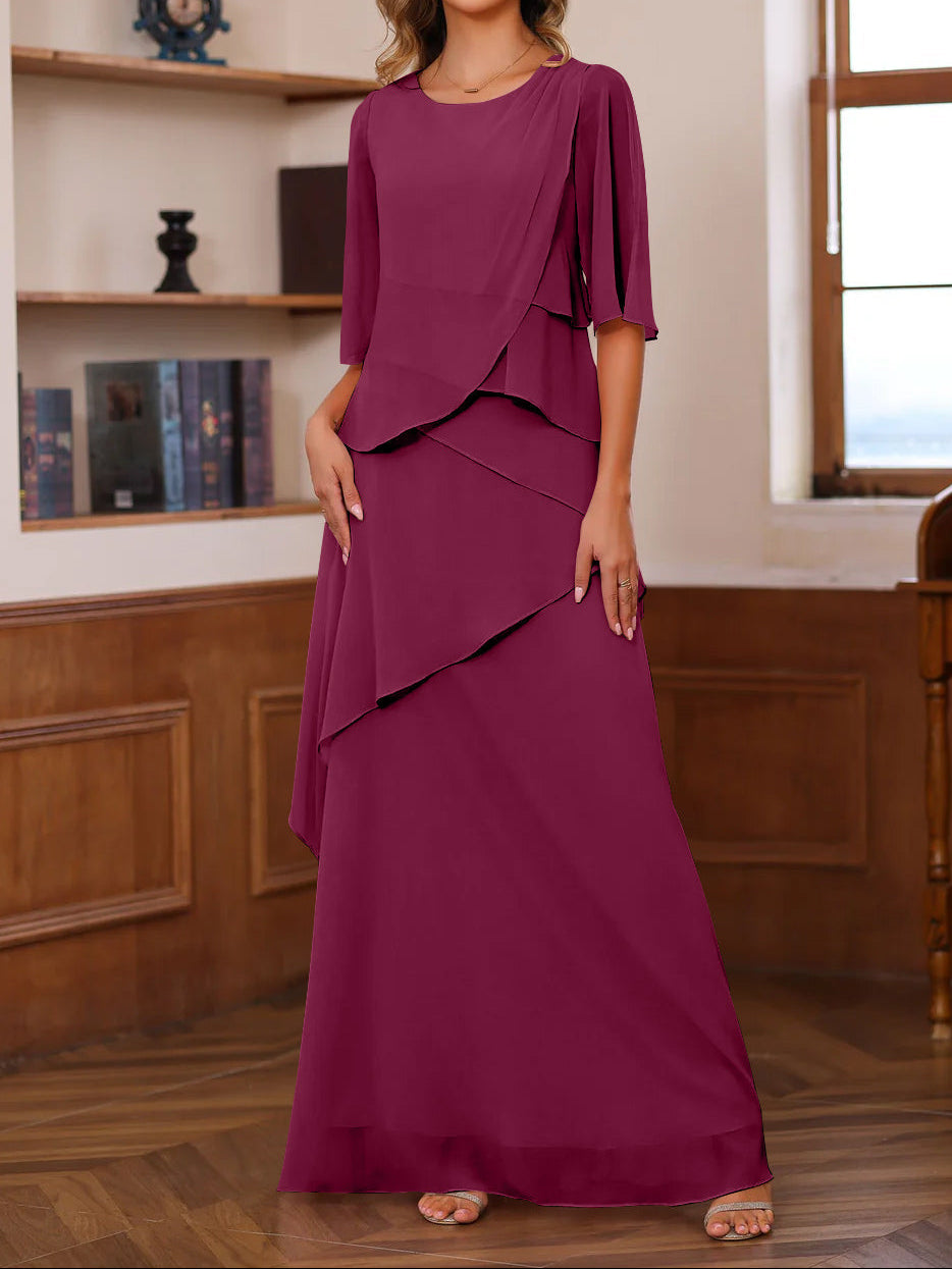 A-Line/Princess Scoop Neck Half Sleeves Floor-Length Mother of the Bride Dresses with Ruffles