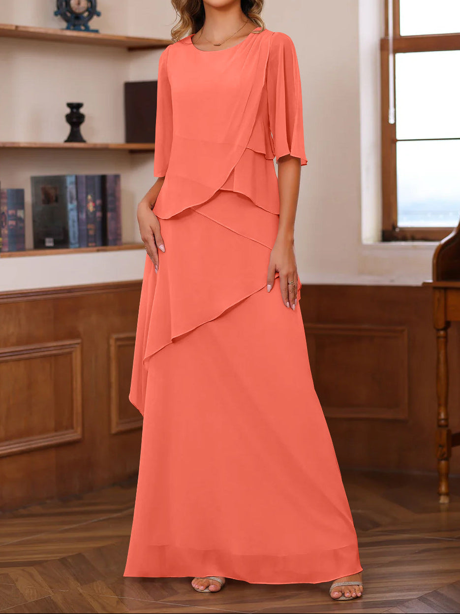 A-Line/Princess Scoop Neck Half Sleeves Floor-Length Mother of the Bride Dresses with Ruffles