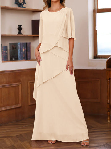 A-Line/Princess Scoop Neck Half Sleeves Floor-Length Mother of the Bride Dresses with Ruffles