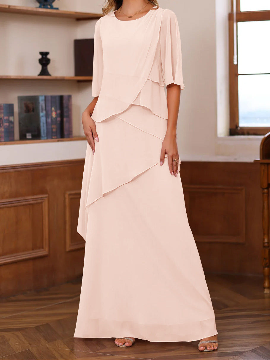 A-Line/Princess Scoop Neck Half Sleeves Floor-Length Mother of the Bride Dresses with Ruffles
