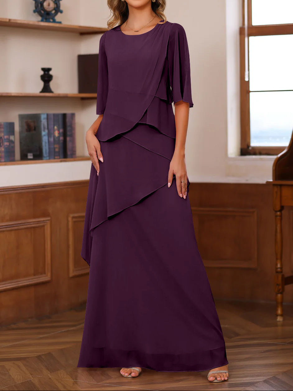 A-Line/Princess Scoop Neck Half Sleeves Floor-Length Mother of the Bride Dresses with Ruffles