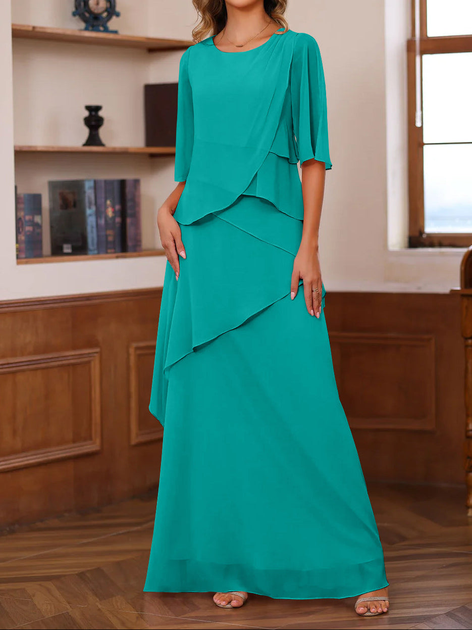 A-Line/Princess Scoop Neck Half Sleeves Floor-Length Mother of the Bride Dresses with Ruffles
