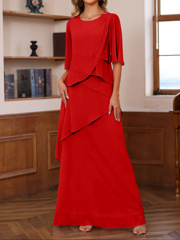 A-Line/Princess Scoop Neck Half Sleeves Floor-Length Mother of the Bride Dresses with Ruffles