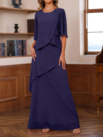 A-Line/Princess Scoop Neck Half Sleeves Floor-Length Mother of the Bride Dresses with Ruffles
