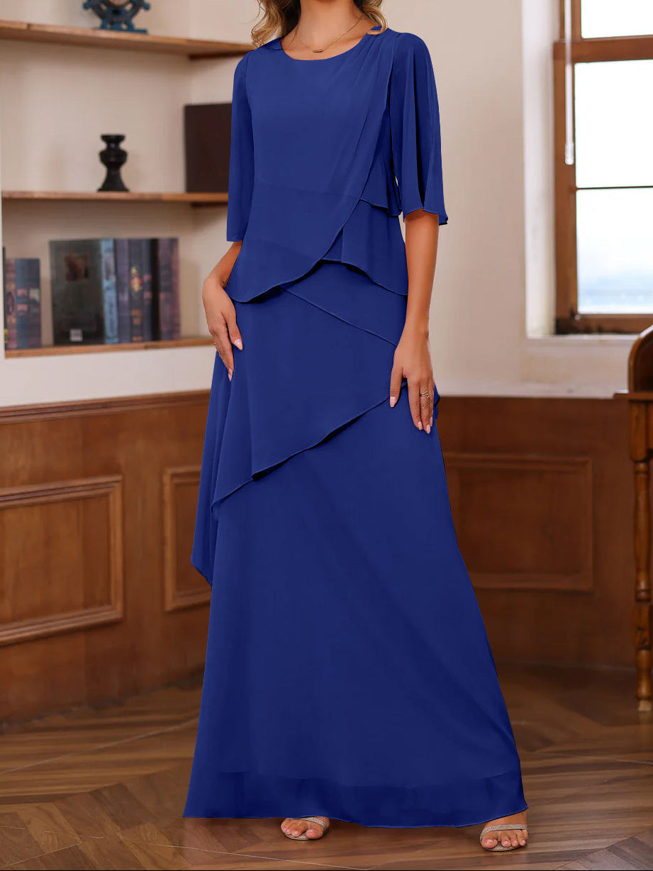 A-Line/Princess Scoop Neck Half Sleeves Floor-Length Mother of the Bride Dresses with Ruffles