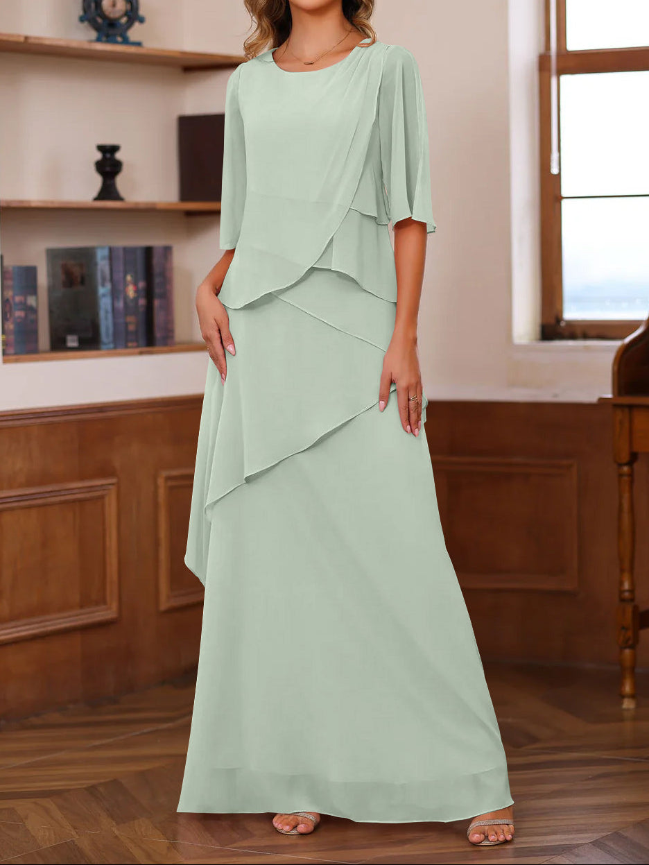 A-Line/Princess Scoop Neck Half Sleeves Floor-Length Mother of the Bride Dresses with Ruffles
