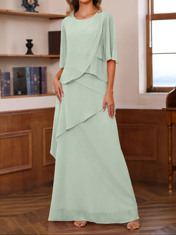 A-Line/Princess Scoop Neck Half Sleeves Floor-Length Mother of the Bride Dresses with Ruffles