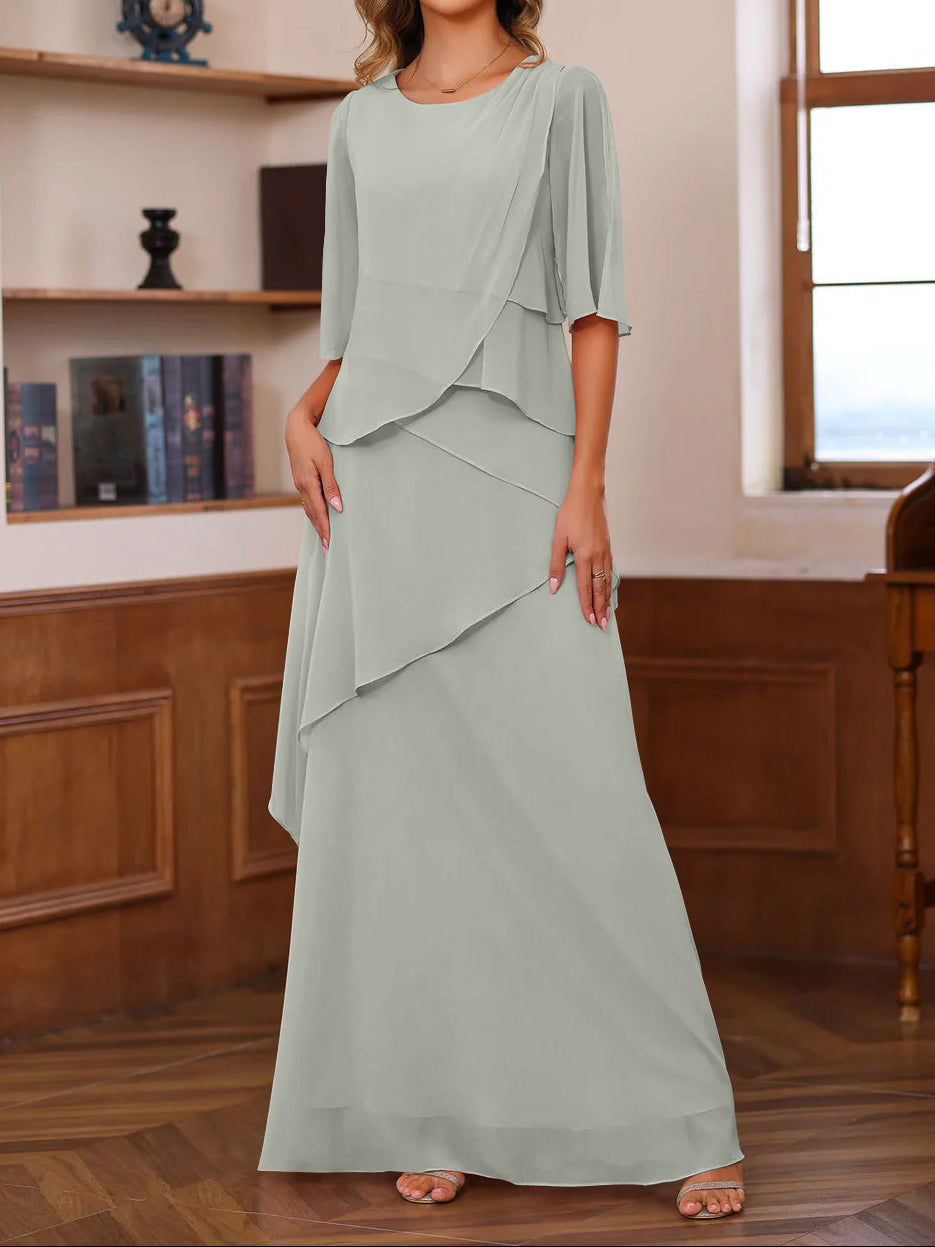 A-Line/Princess Scoop Neck Half Sleeves Floor-Length Mother of the Bride Dresses with Ruffles