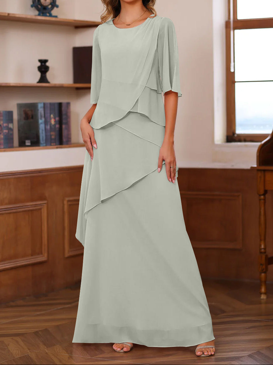 A-Line/Princess Scoop Neck Half Sleeves Floor-Length Mother of the Bride Dresses with Ruffles