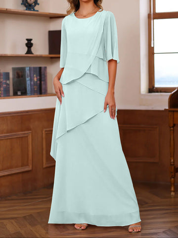 A-Line/Princess Scoop Neck Half Sleeves Floor-Length Mother of the Bride Dresses with Ruffles