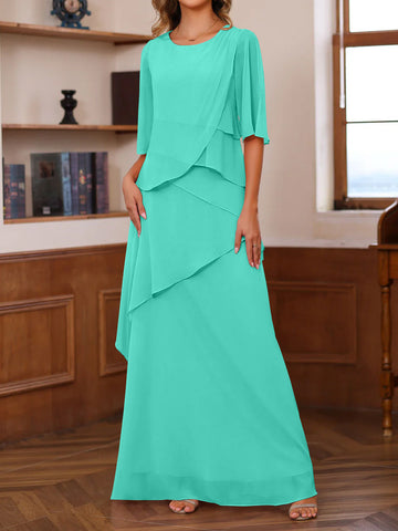 A-Line/Princess Scoop Neck Half Sleeves Floor-Length Mother of the Bride Dresses with Ruffles