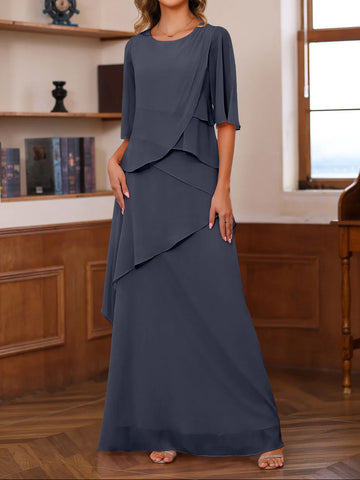 A-Line/Princess Scoop Neck Half Sleeves Floor-Length Mother of the Bride Dresses with Ruffles