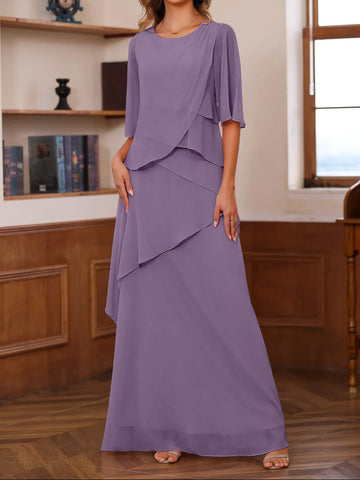 A-Line/Princess Scoop Neck Half Sleeves Floor-Length Mother of the Bride Dresses with Ruffles