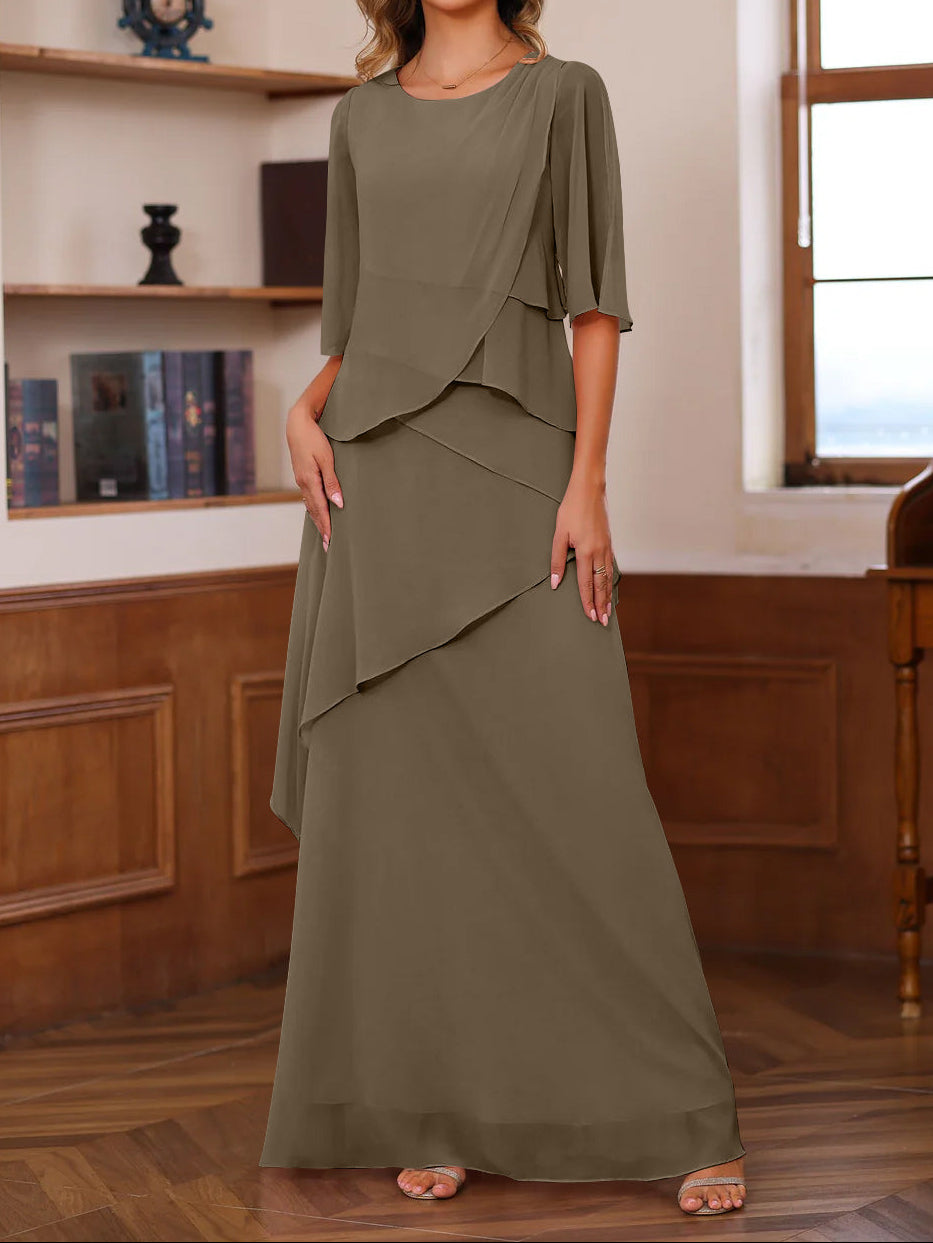 A-Line/Princess Scoop Neck Half Sleeves Floor-Length Mother of the Bride Dresses with Ruffles