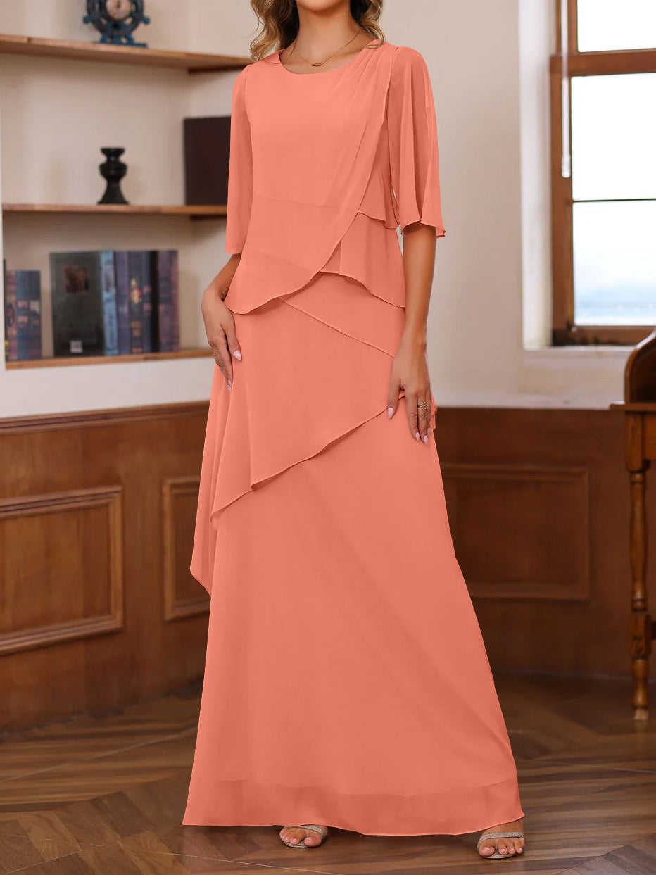 A-Line/Princess Scoop Neck Half Sleeves Floor-Length Mother of the Bride Dresses with Ruffles