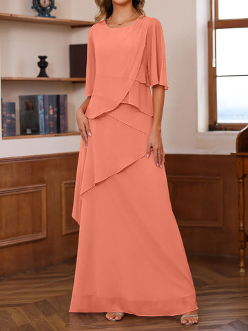 A-Line/Princess Scoop Neck Half Sleeves Floor-Length Mother of the Bride Dresses with Ruffles
