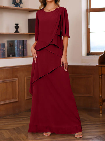 A-Line/Princess Scoop Neck Half Sleeves Floor-Length Mother of the Bride Dresses with Ruffles