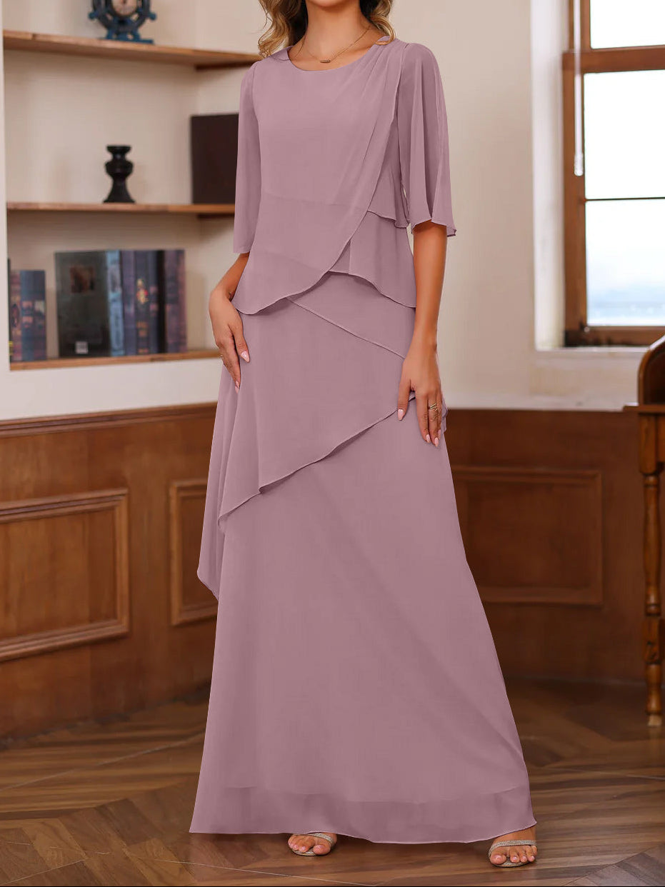 A-Line/Princess Scoop Neck Half Sleeves Floor-Length Mother of the Bride Dresses with Ruffles