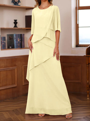 A-Line/Princess Scoop Neck Half Sleeves Floor-Length Mother of the Bride Dresses with Ruffles
