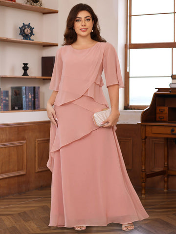 A-Line/Princess Scoop Neck Half Sleeves Floor-Length Plus Size Mother of the Bride Dresses with Ruffles