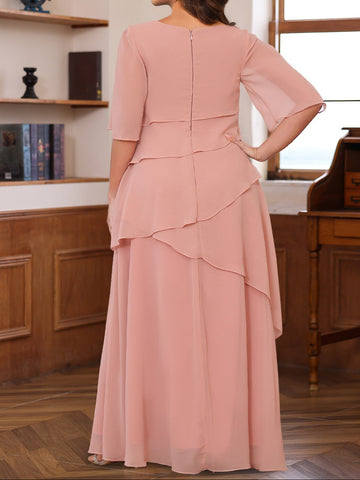A-Line/Princess Scoop Neck Half Sleeves Floor-Length Mother of the Bride Dresses with Ruffles