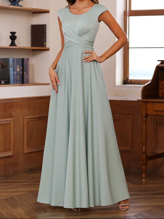 A-Line/Princess Scoop Neck Short Sleeves Floor-Length Mother of the Bride Dresses with Ruffles
