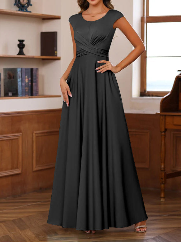 A-Line/Princess Scoop Neck Short Sleeves Floor-Length Mother of the Bride Dresses with Ruffles