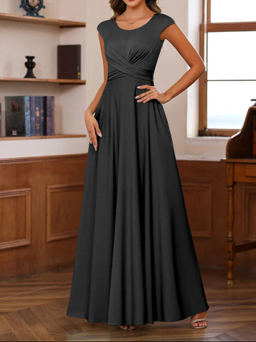 A-Line/Princess Scoop Neck Short Sleeves Floor-Length Mother of the Bride Dresses with Ruffles