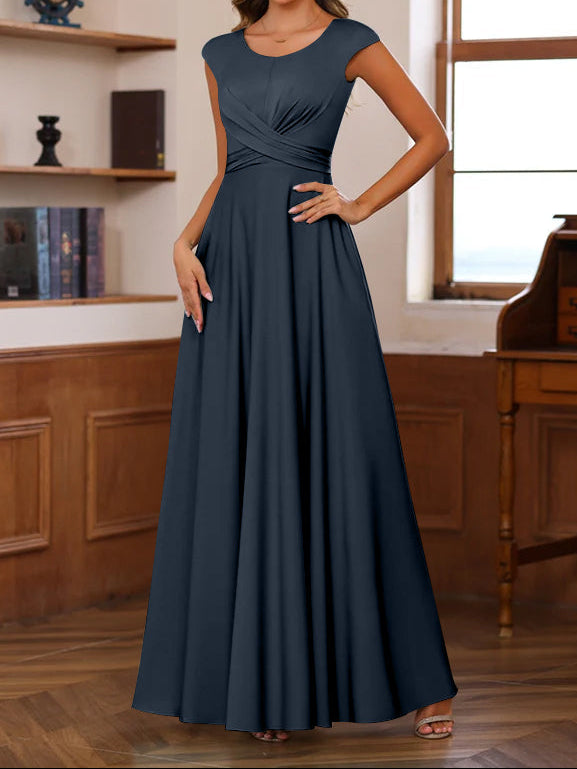 A-Line/Princess Scoop Neck Short Sleeves Floor-Length Mother of the Bride Dresses with Ruffles