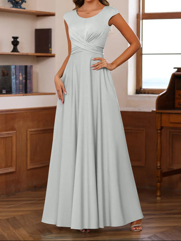 A-Line/Princess Scoop Neck Short Sleeves Floor-Length Mother of the Bride Dresses with Ruffles