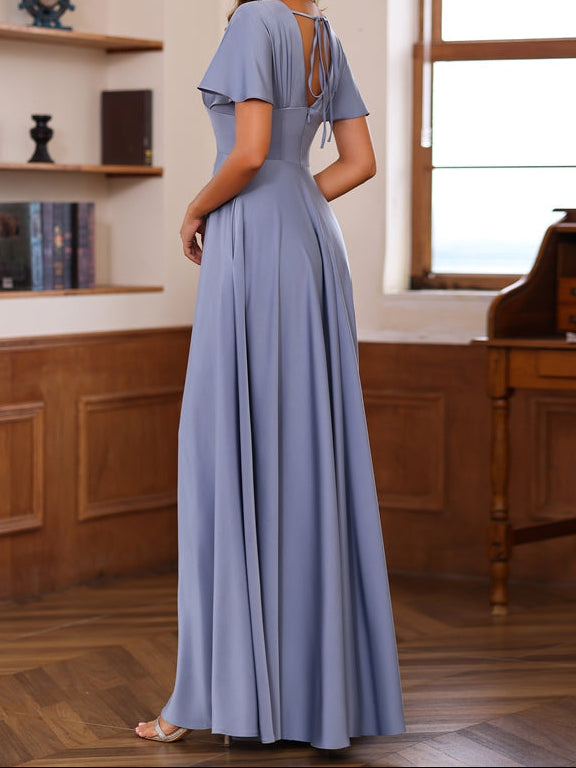 A-Line/Princess V-Neck Short Sleeves Floor-Length Mother of the Bride long Dresses with Ruffles