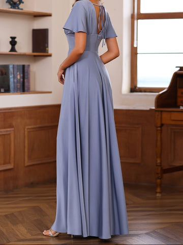 A-Line/Princess V-Neck Short Sleeves Floor-Length Mother of the Bride long Dresses with Ruffles