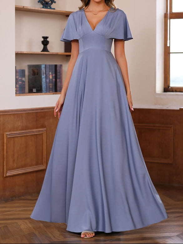 A-Line/Princess V-Neck Short Sleeves Floor-Length Mother of the Bride long Dresses with Ruffles