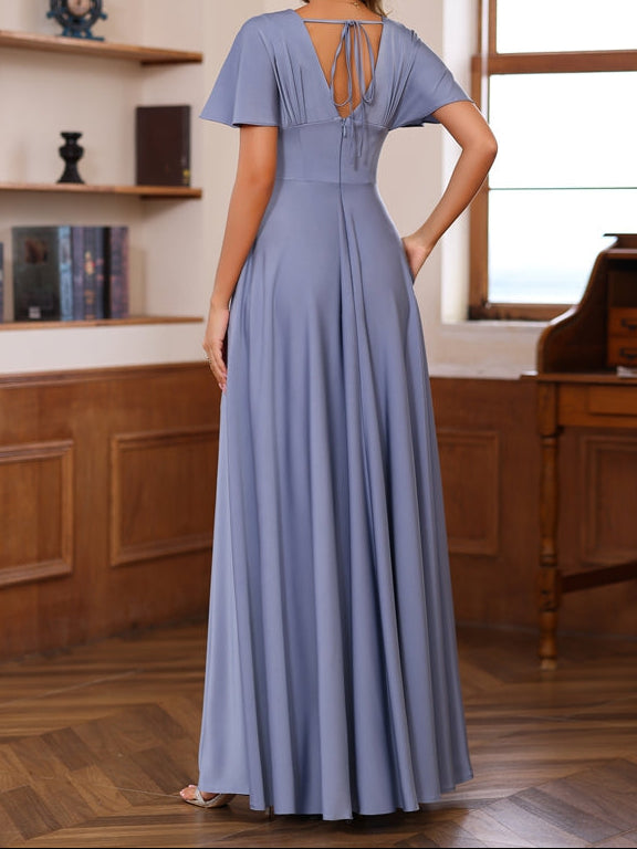 A-Line/Princess V-Neck Short Sleeves Floor-Length Mother of the Bride long Dresses with Ruffles