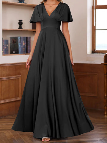 A-Line/Princess V-Neck Short Sleeves Floor-Length Mother of the Bride long Dresses with Ruffles