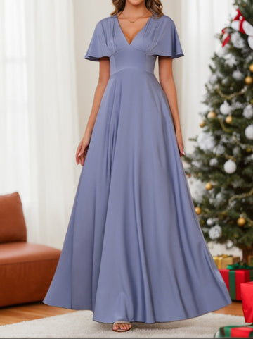 A-Line/Princess V-Neck Short Sleeves Floor-Length Mother of the Bride long Dresses with Ruffles
