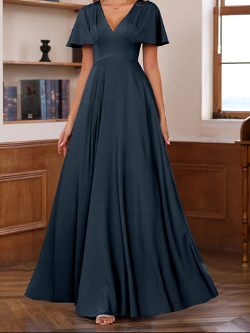 A-Line/Princess V-Neck Short Sleeves Floor-Length Mother of the Bride long Dresses with Ruffles