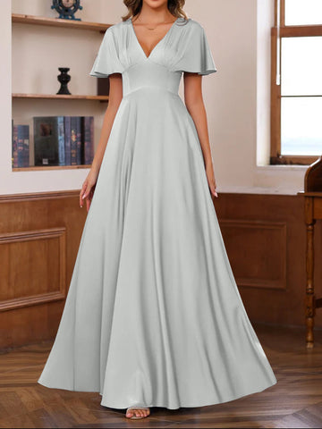 A-Line/Princess V-Neck Short Sleeves Floor-Length Mother of the Bride long Dresses with Ruffles