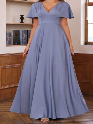 A-Line/Princess V-Neck Short Sleeves Floor-Length Mother of the Bride long Dresses with Ruffles