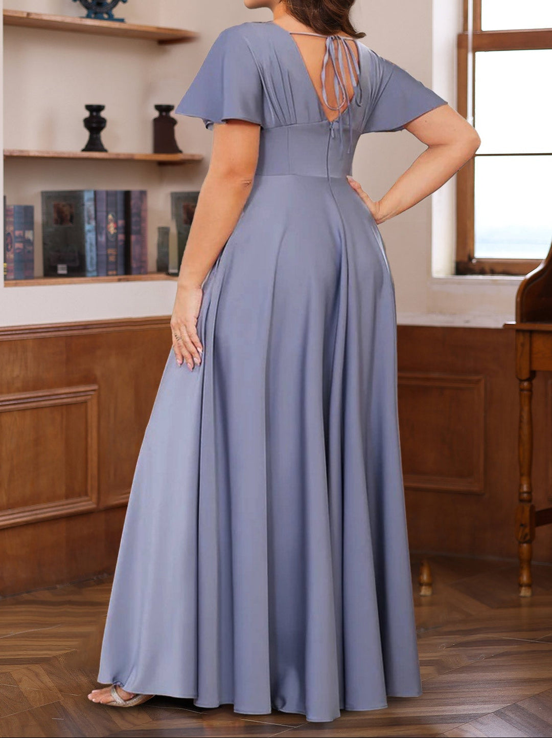 A-Line/Princess V-Neck Short Sleeves Floor-Length Mother of the Bride long Dresses with Ruffles