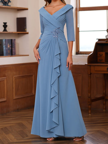Sheath/Column V-Neck 3/4 Length Sleeves Floor-Length Unique Mother of the Bride Dresses with Ruffles & Appliques